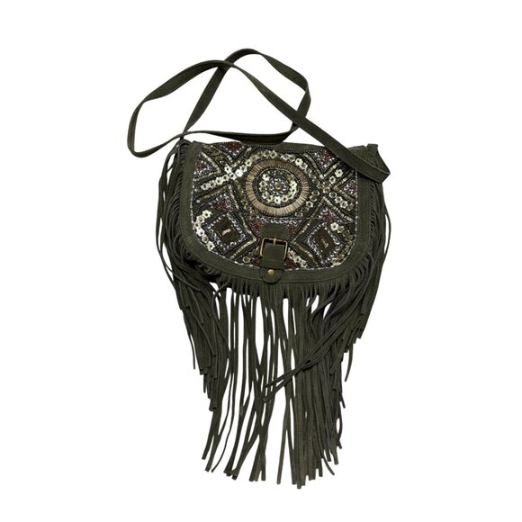 Big Buddha Boho Fringe Leather Sequin Crossbody Green Bag - Picture 1 of 14